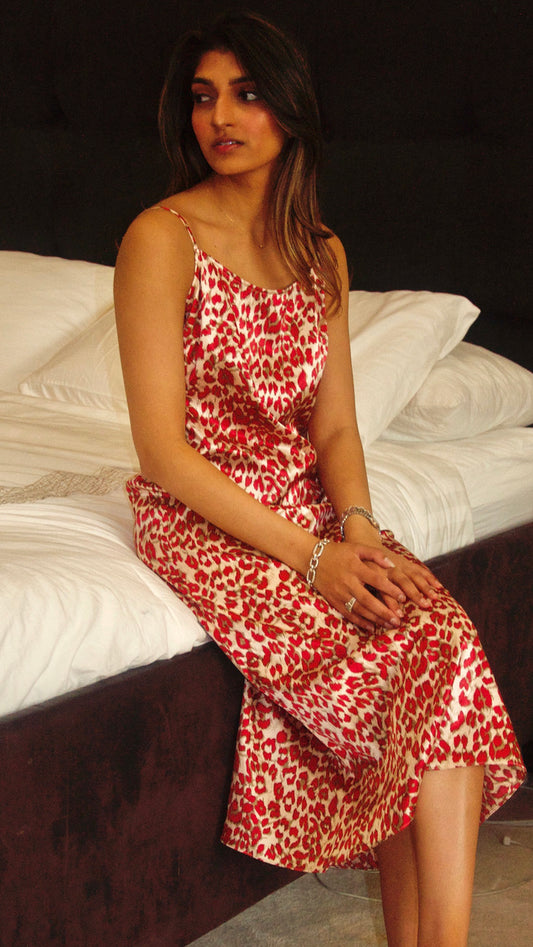 Red Leopard Print Silk Satin Spaghetti Strap Midi Nightgown