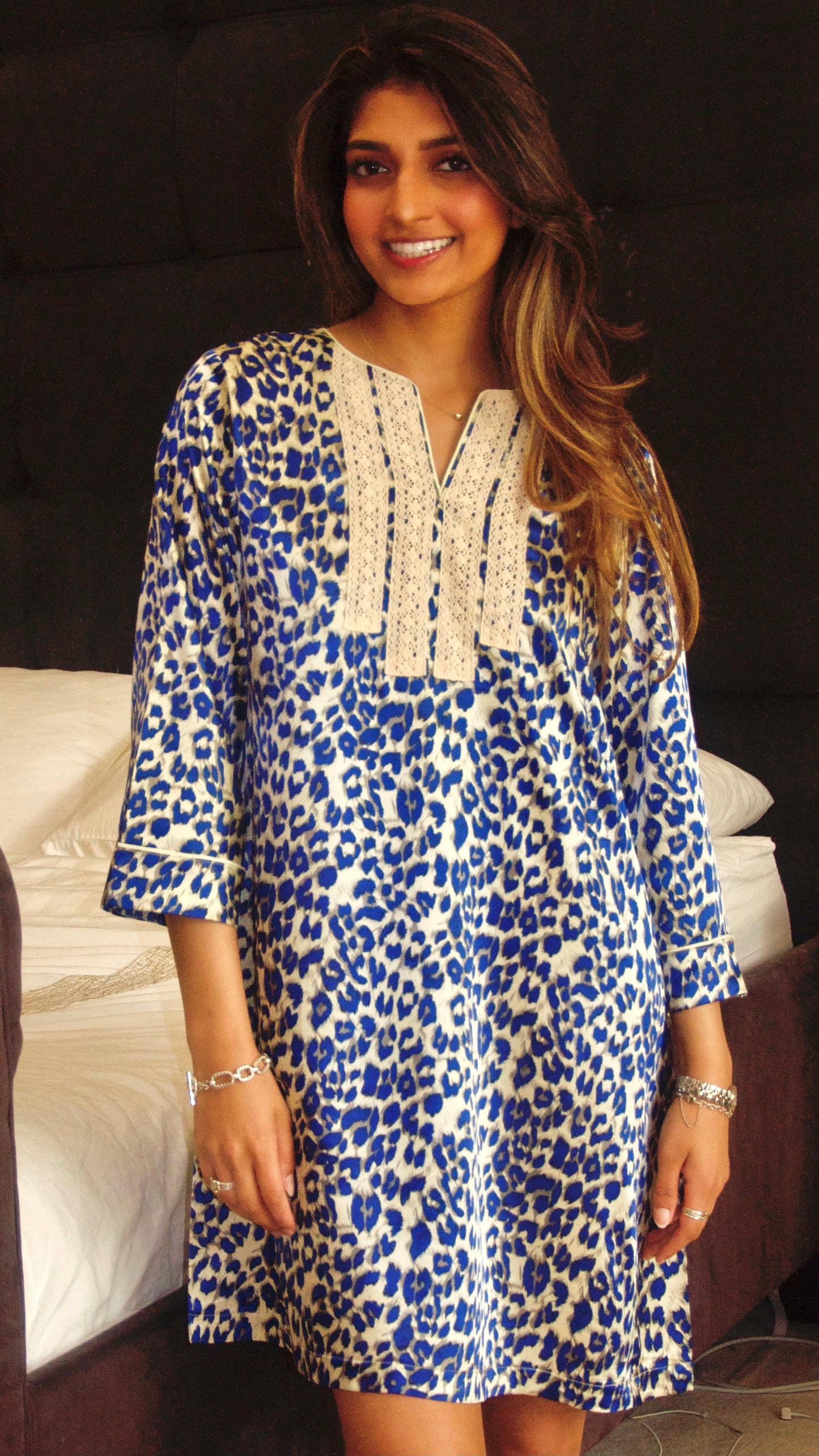 Blue Leopard Print Silk Satin Short Nightgown
