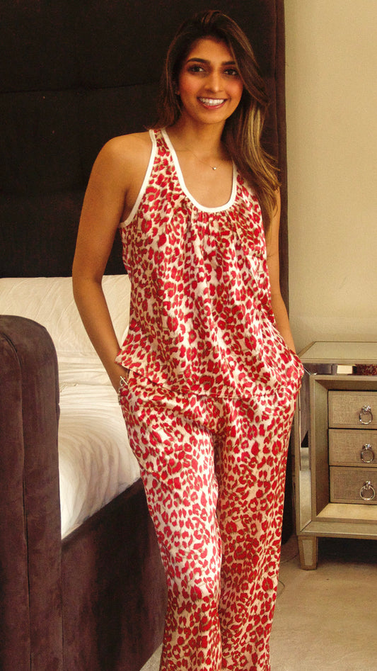 Red Leopard Print Silk Satin Pajama Tank Top