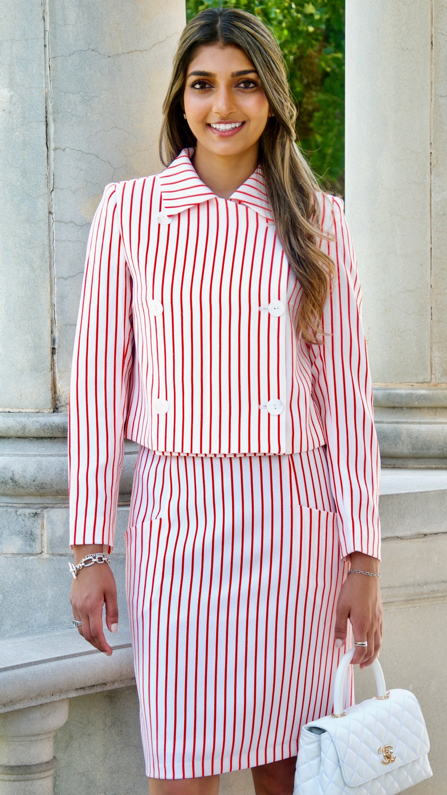 Red and White Pinstripe Double Breasted Cropped Jacket