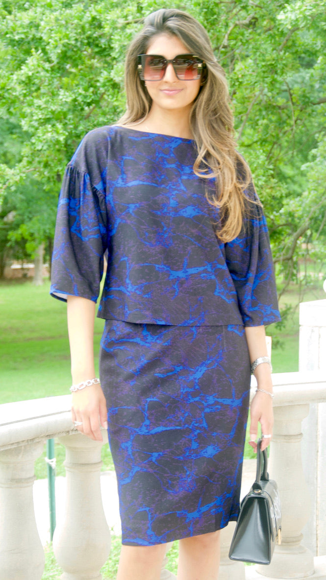 Neon Blue Abstract Print Puff Sleeve Top