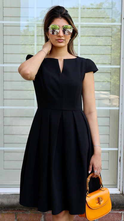 Black Cap Sleeve A-Line Box Pleated Dress