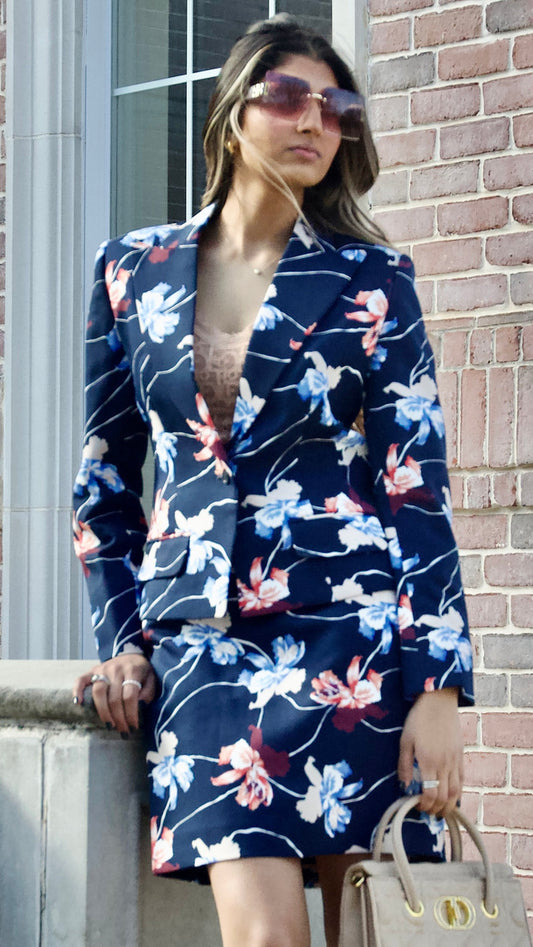 Navy Floral Print Slim Fit Single Breasted Jacket