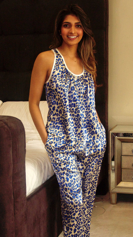 Blue Leopard Print Silk Satin Pajama Tank Top