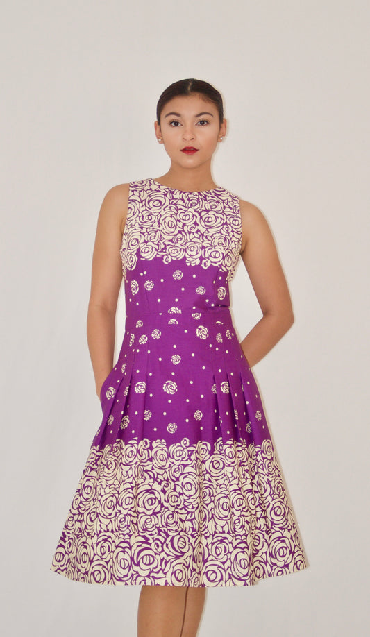 Purple and Cream Floral Print Cotton Poplin A-Line Dress