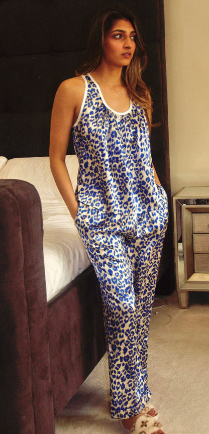 Blue Leopard Print Silk Satin Ribbed Pajama Pants