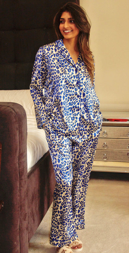 Blue Leopard Print Silk Satin Ribbed Pajama Pants