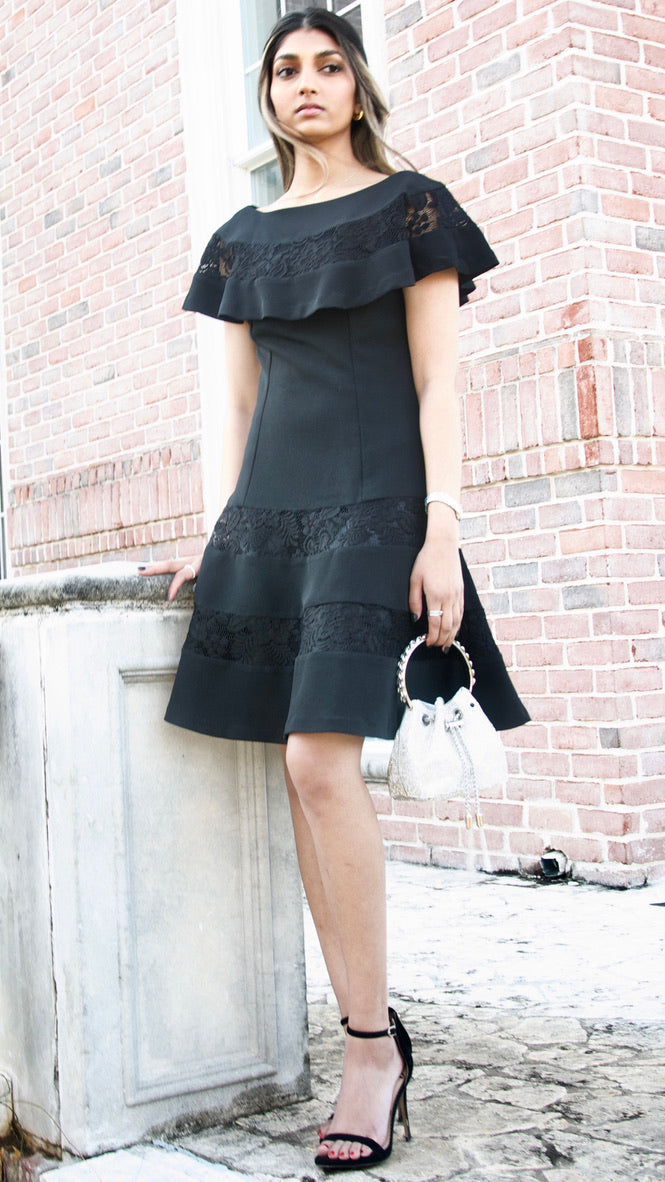 Black Lace Bertha Collar Fit and Flare Dress