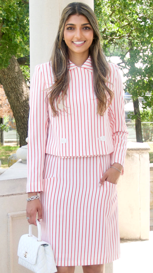 Red and White Pinstripe Double Breasted Cropped Jacket