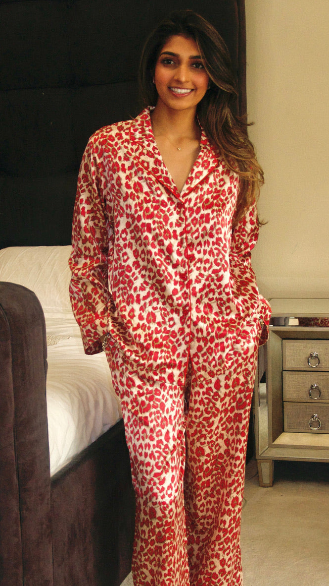 Red Leopard Print Silk Satin Long Sleeve Pajama Shirt