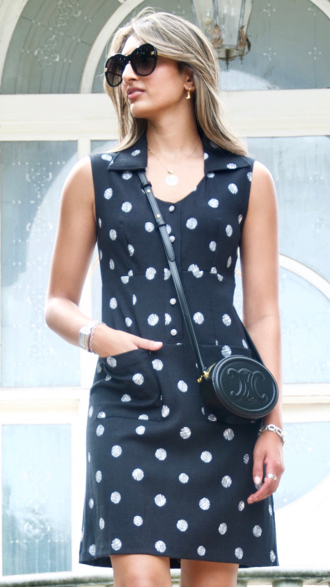 Black and White Polk-Dot Print Empire Waist Sheath Dress Olivia Dress Black and White Polk-Dot Print Empire Waist Sheath Dress Olivia Dress