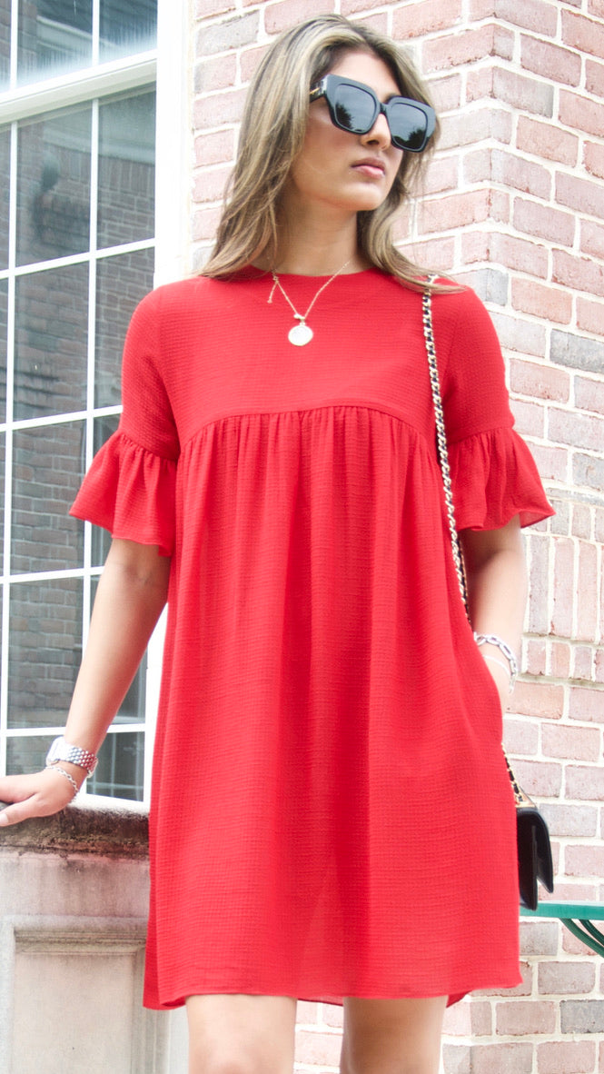 Red Short Sleeve Smock Dress