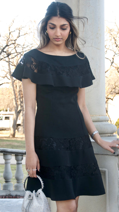 Black Lace Bertha Collar Fit and Flare Dress