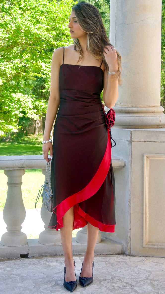 Midi Dress Red Black Cocktail Dress Black And Red Chiffon Overlay