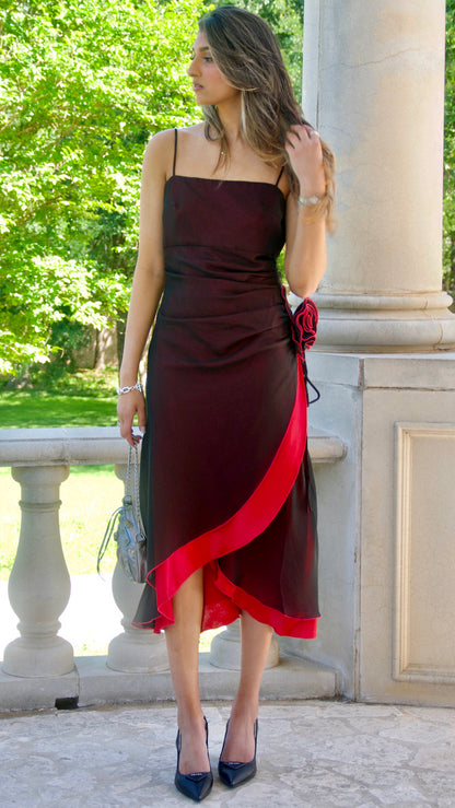 Black and Red Chiffon Overlay Wrap Midi Dress