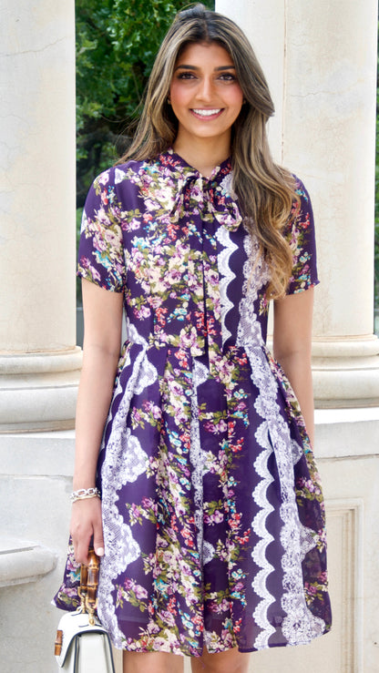 Purple Floral and Lace Print Fit and Flare Dress