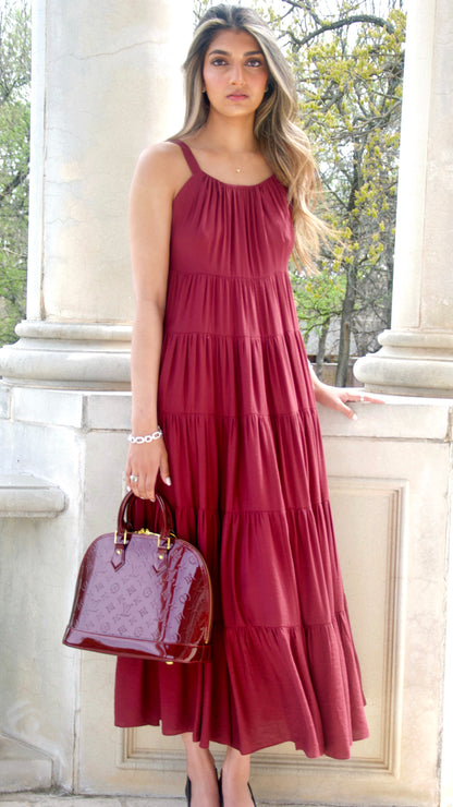 Burgundy Tiered Poplin Maxi Dress