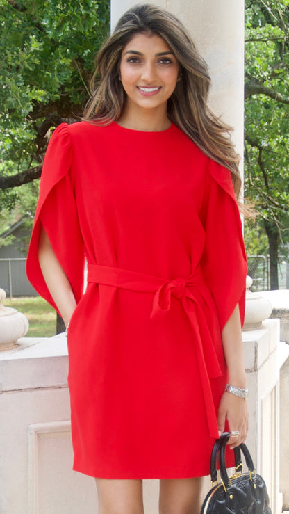 Red Asymmetrical Cloak Sleeve Dress
