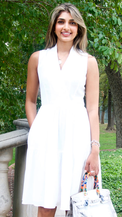 White Sleeveless Surplice Fit and Flare Dress