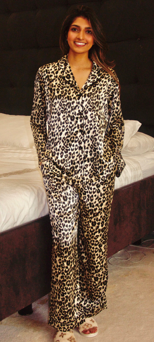 Leopard Print Silk Satin Ribbed Pajama Pants