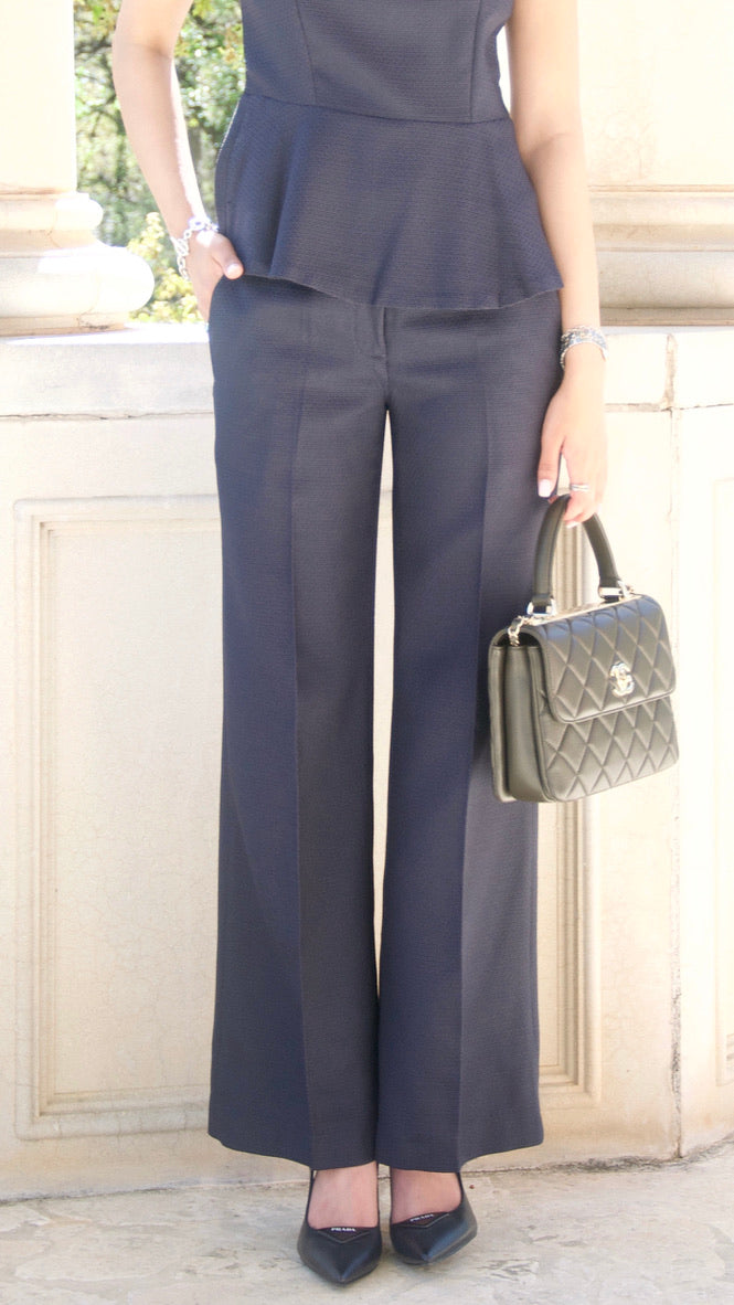 Navy Textured Wide Leg Trousers