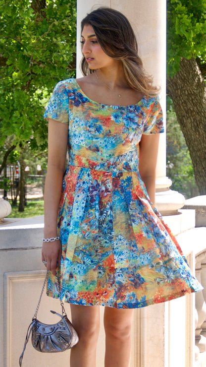 Floral Mural Print Fit and Flare Knife Pleated Dress