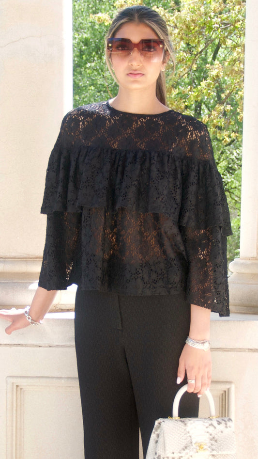 Black See Through Lace Tiered Top