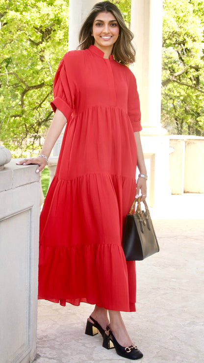 Red Tiered Maxi Shirtdress