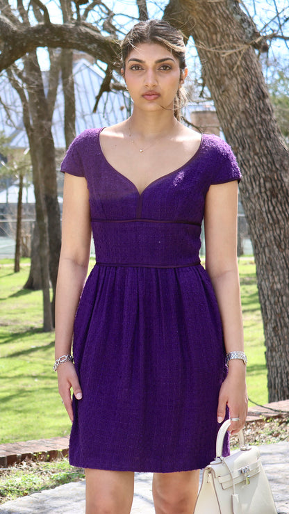 Purple Sweetheart Neckline Cap Sleeve Empire Waistline Tweed Dress