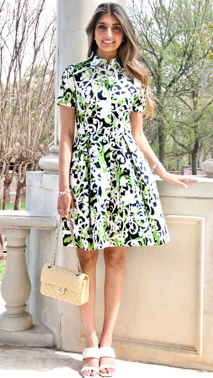 Green and Black Floral Cotton Shirtwaist Dress