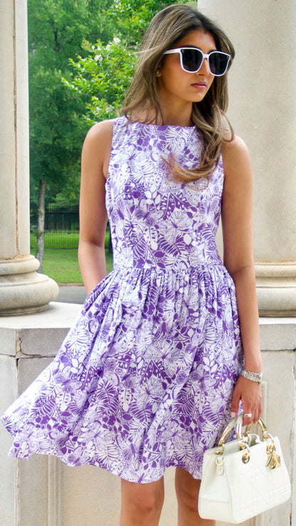 Purple and White Butterfly Print Fit and Flare Cotton Dress