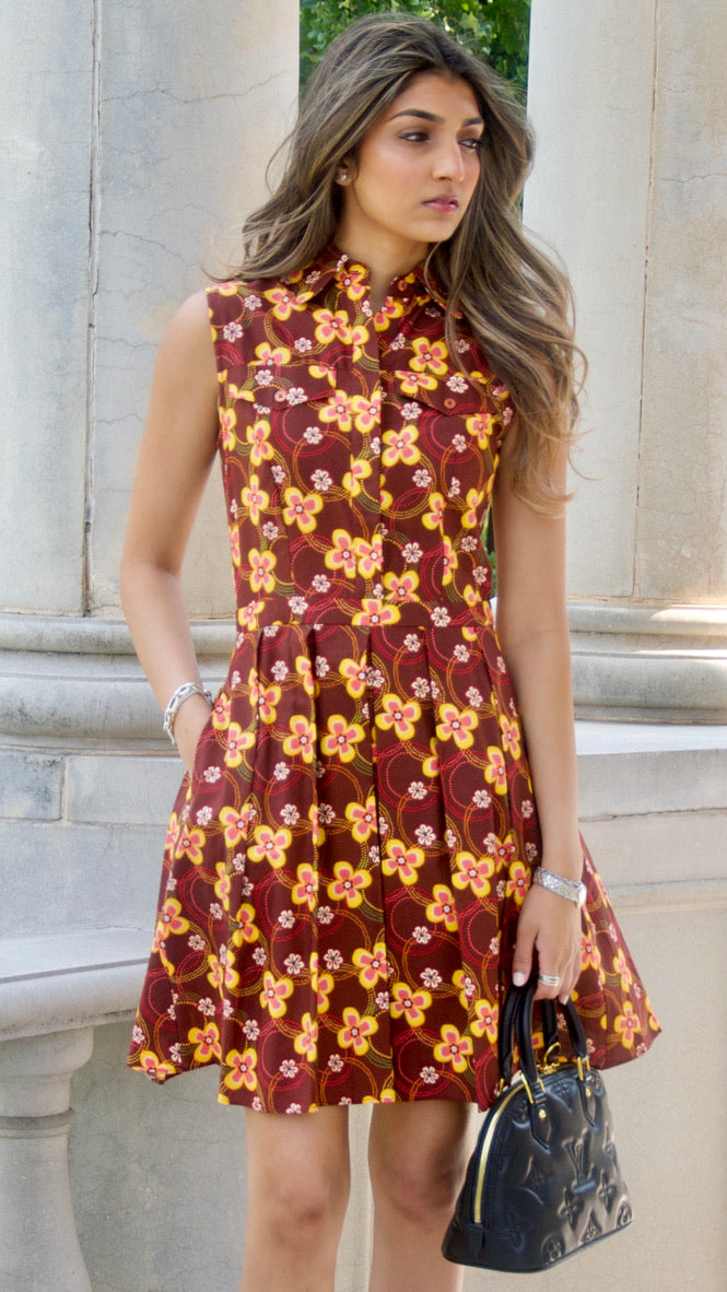 Brown Floral Print Sleeveless Shirtwaist Dress