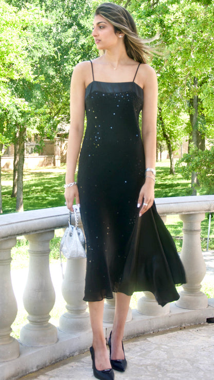 Black Embellished Asymmetrical Midi Dress