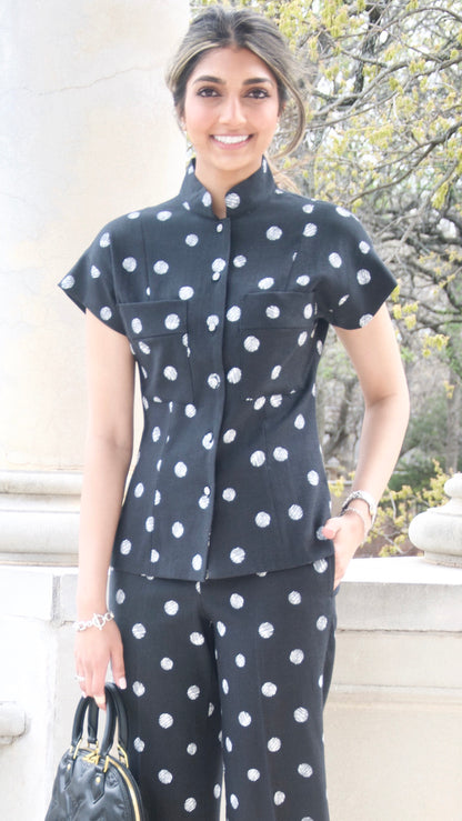Black and White Polka-Dot Print Mandarin Collar Short Sleeve Shirt