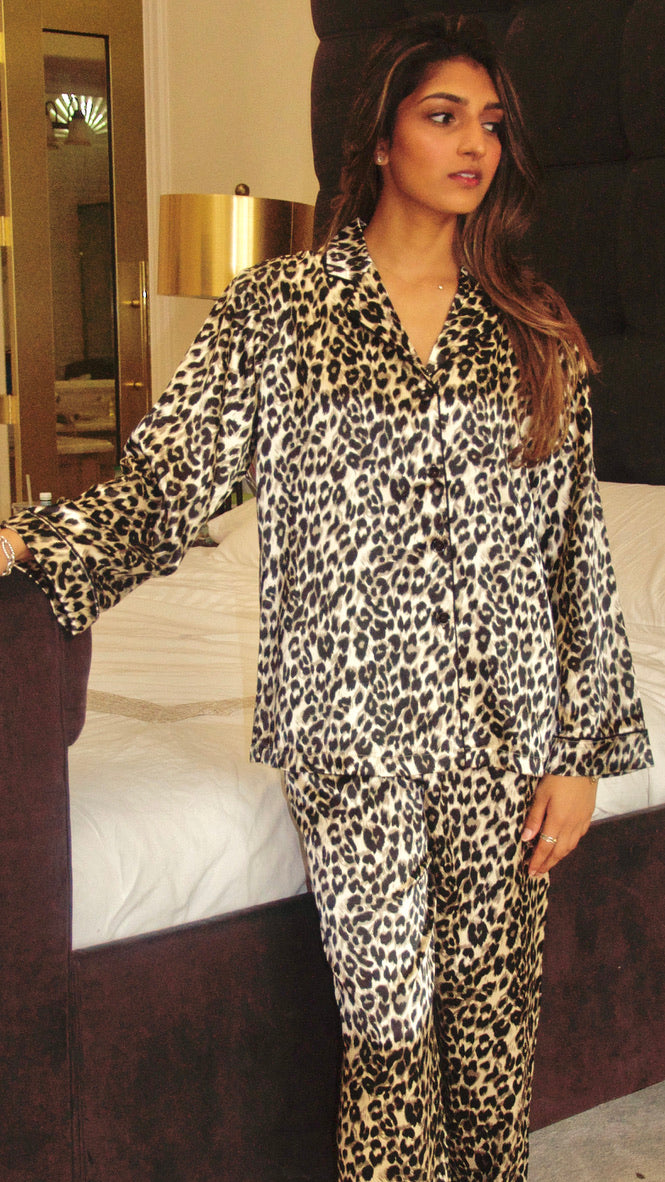 Leopard Print Silk Satin Long Sleeve Pajama Shirt