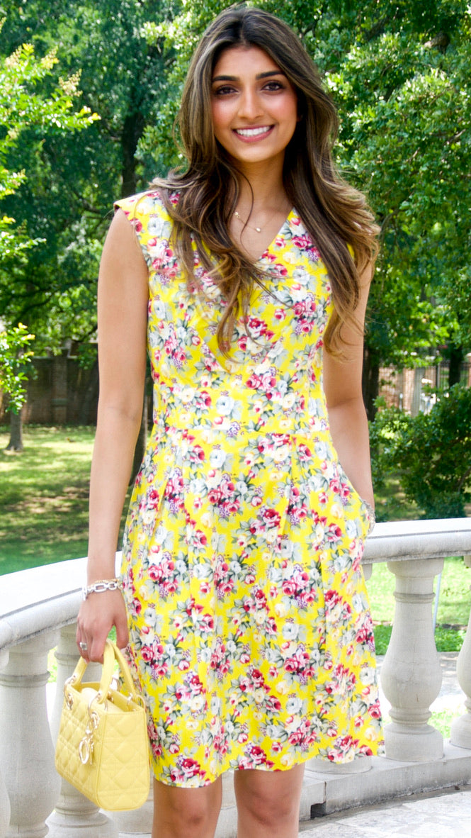 Yellow Floral Print Cap Sleeve Cotton Dress
