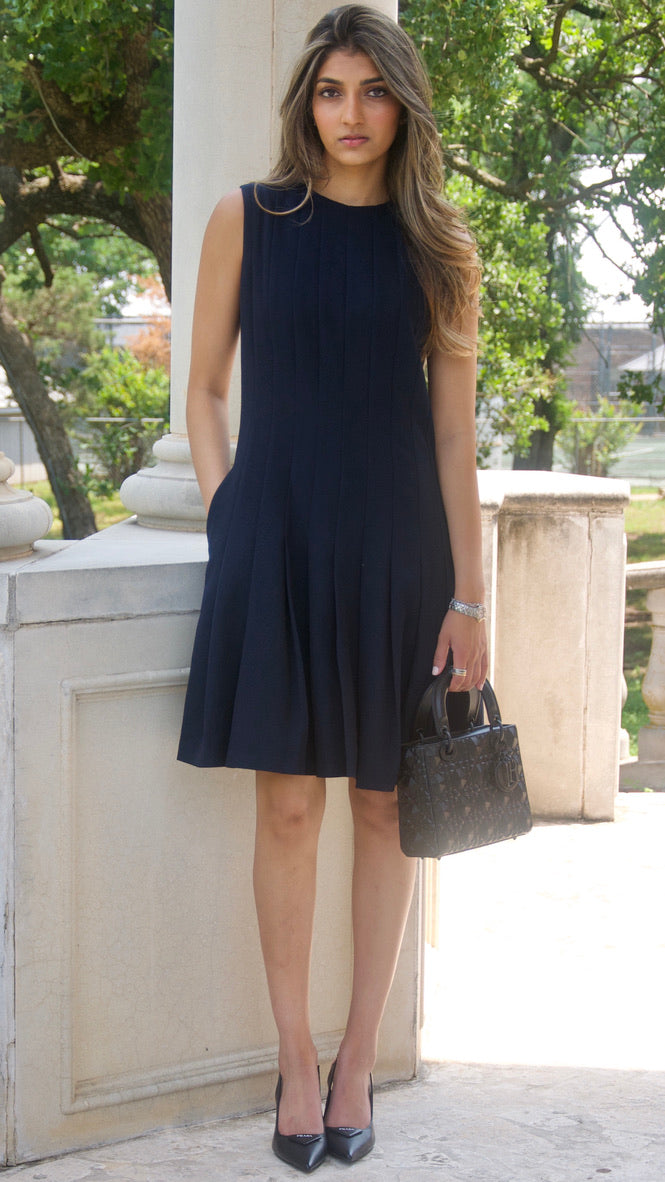 Dark Navy Pleated Fit and Flare Dress