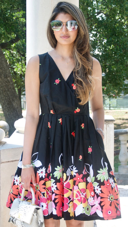 Black Floral and Butterfly Print Fit and Flare Dress