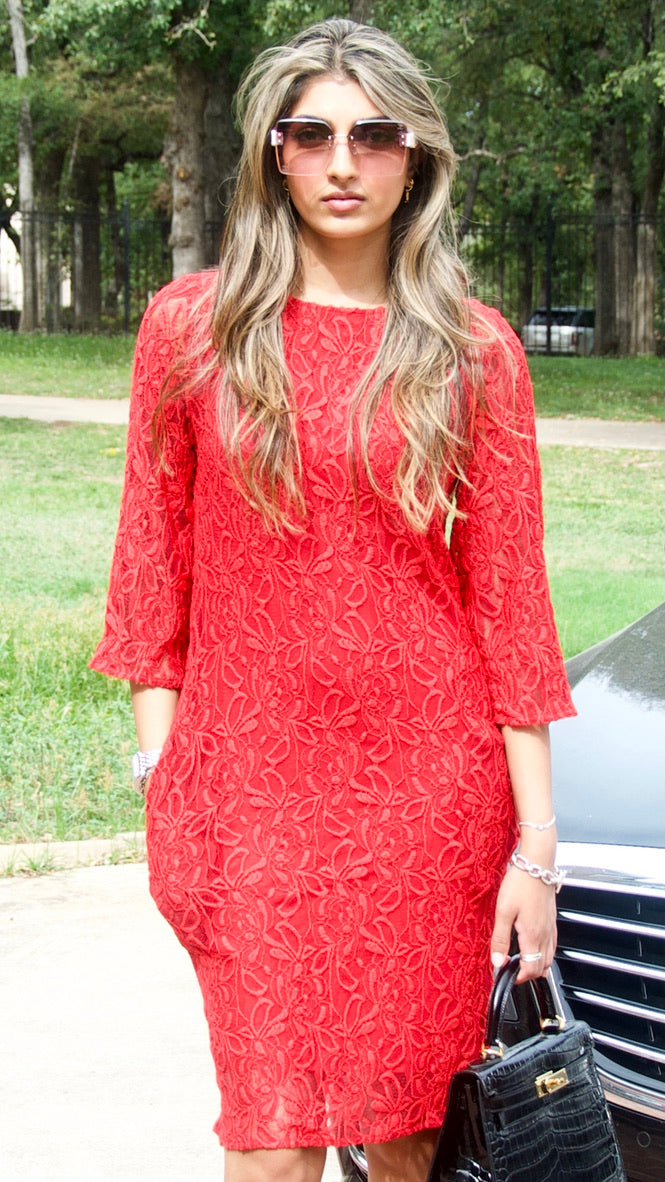 Red Bell Sleeve Lace Sheath Dress
