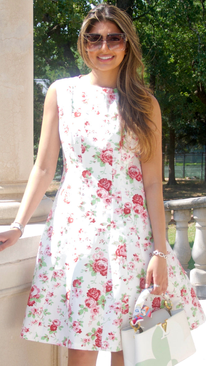 White Rose Print Fit and Flare Dress
