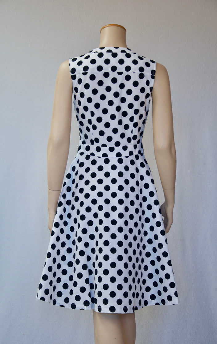 Achromatic Polka-Dot Print Fit and Flare Dress