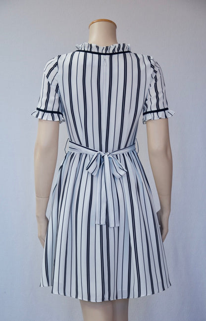 Achromatic Stripe Tie-Waist Dress