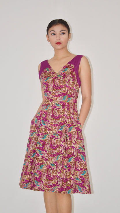 Purple Paisley Print Cotton Poplin A-Line Dress