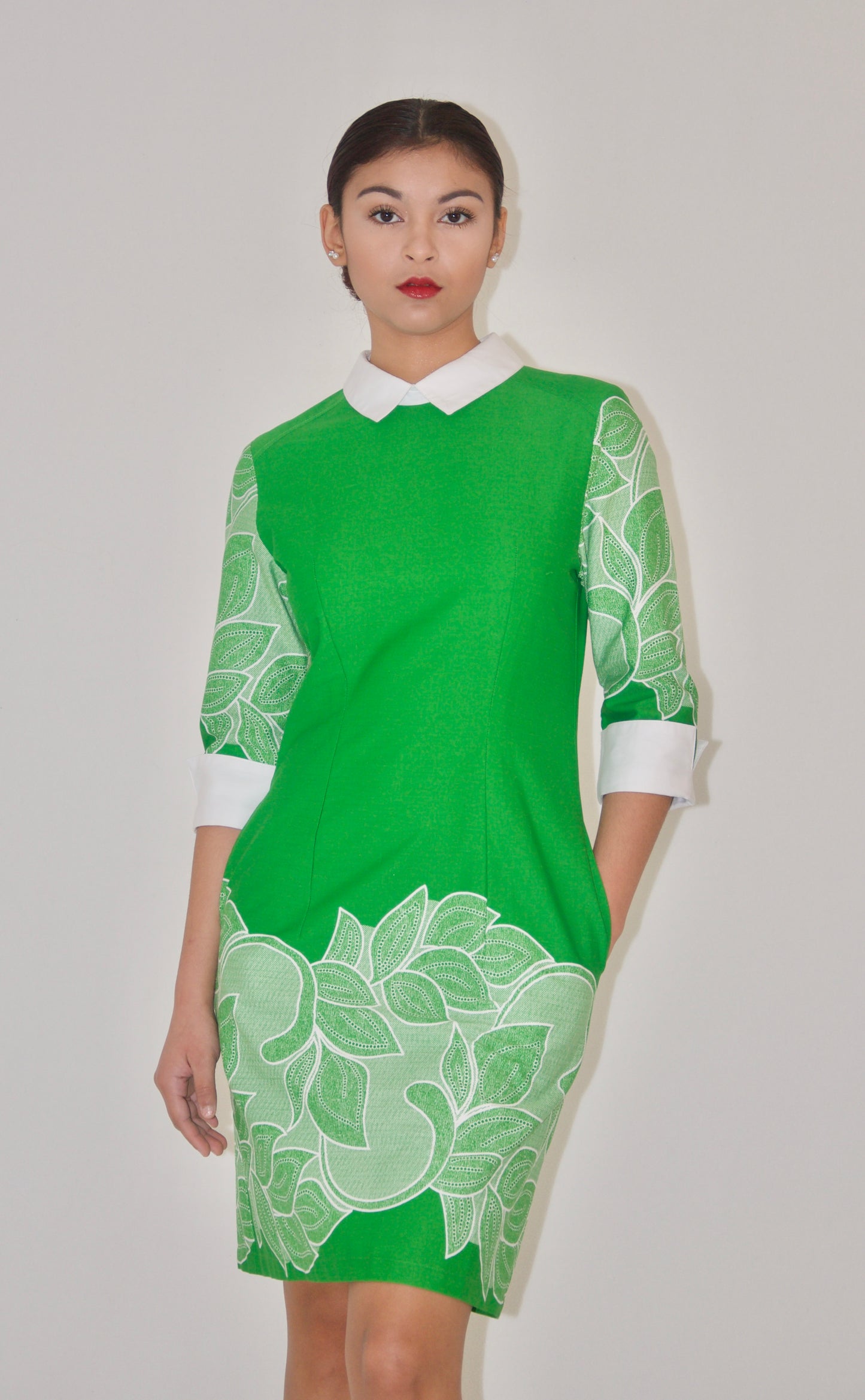 Green and White Print Cotton Poplin Sheath Dress