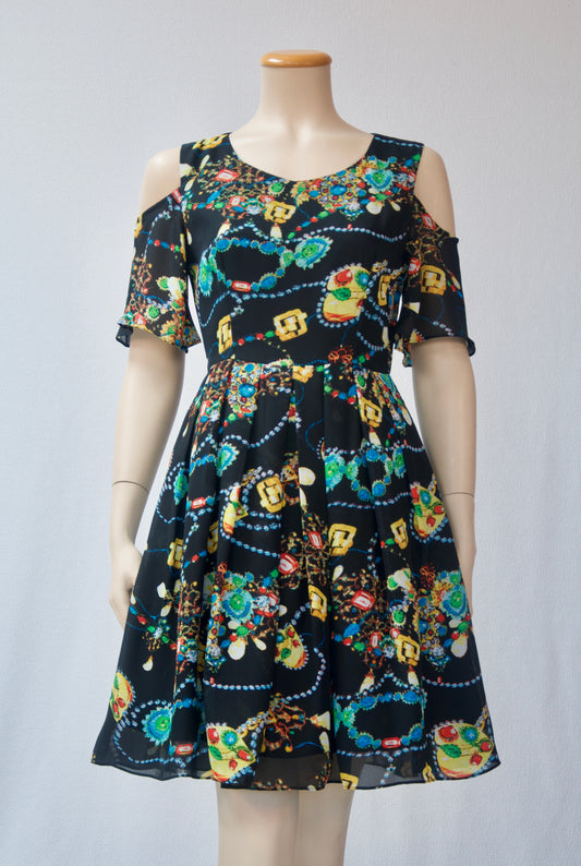 Black Jewel Print Fit and Flare Dress