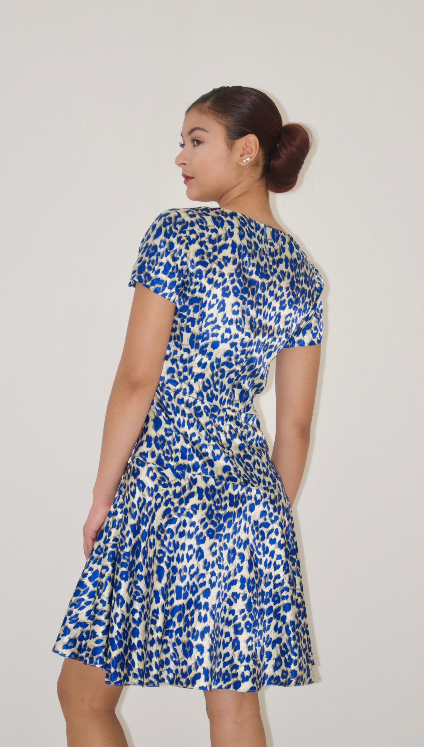 Blue Leopard Print Satin Dress