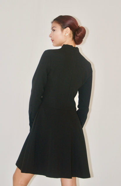 Black Long Sleeve Tie-Neck Mini Dress