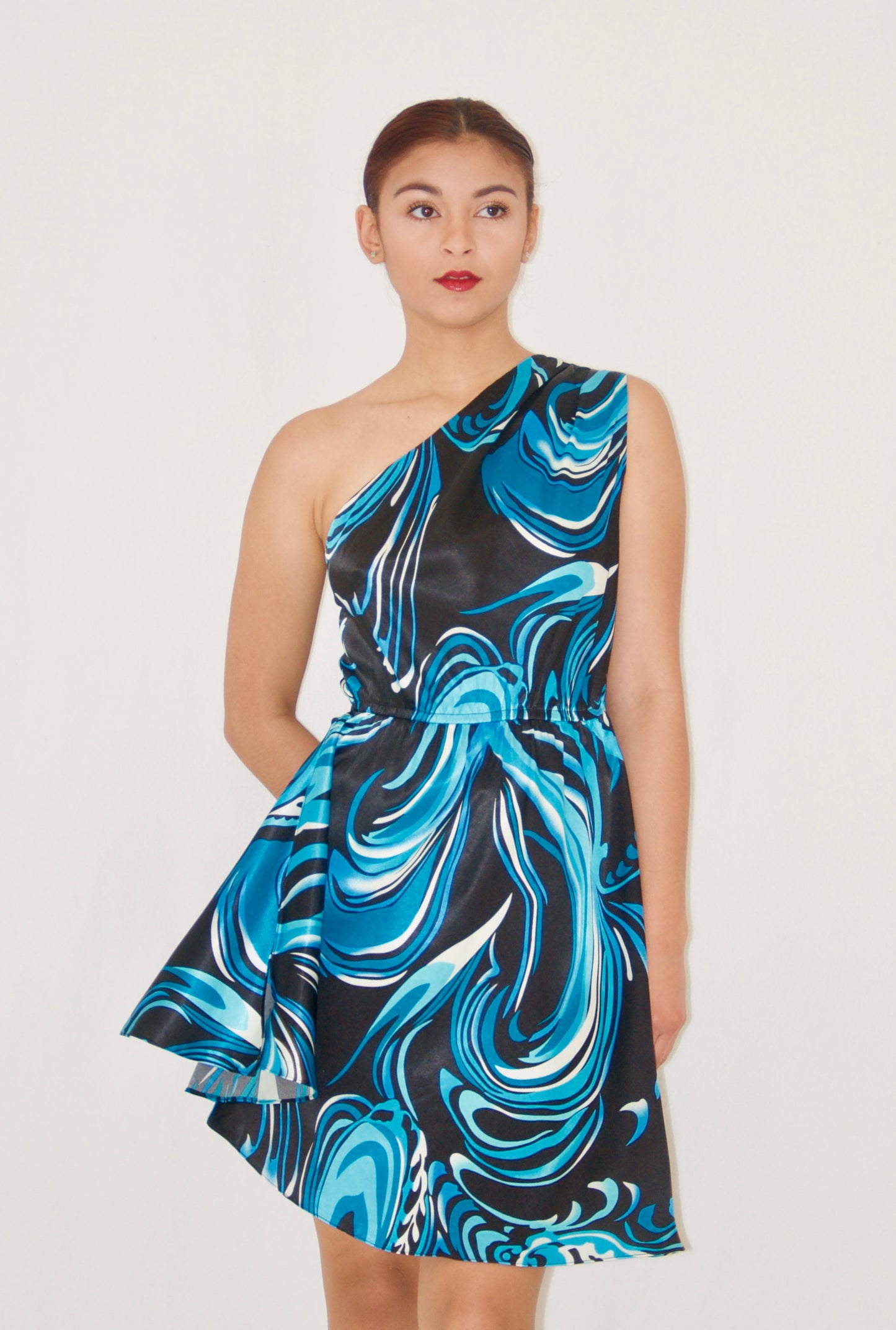 Blue Abstract Print One Shoulder Cocktail Dress