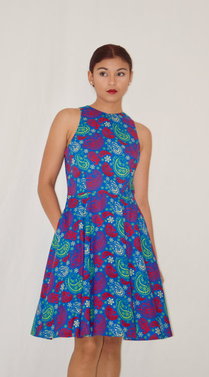 Blue and Purple Floral Print Cotton Poplin A-Line Dress