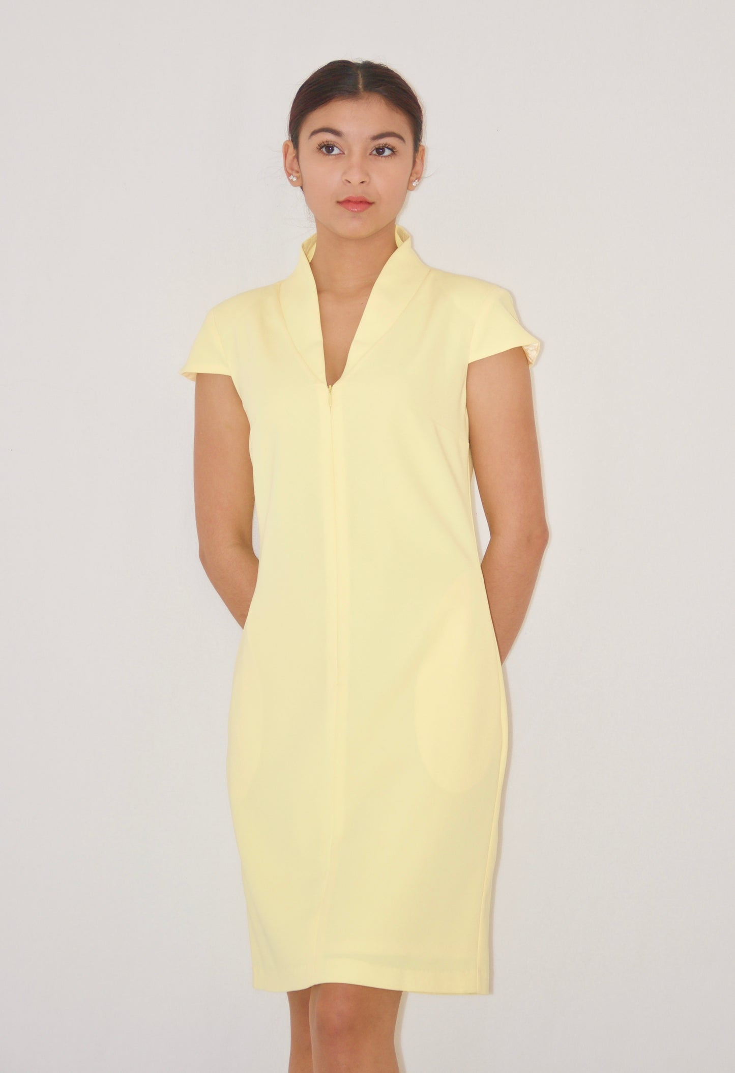 Yellow High Collar Zip Sheath Dress